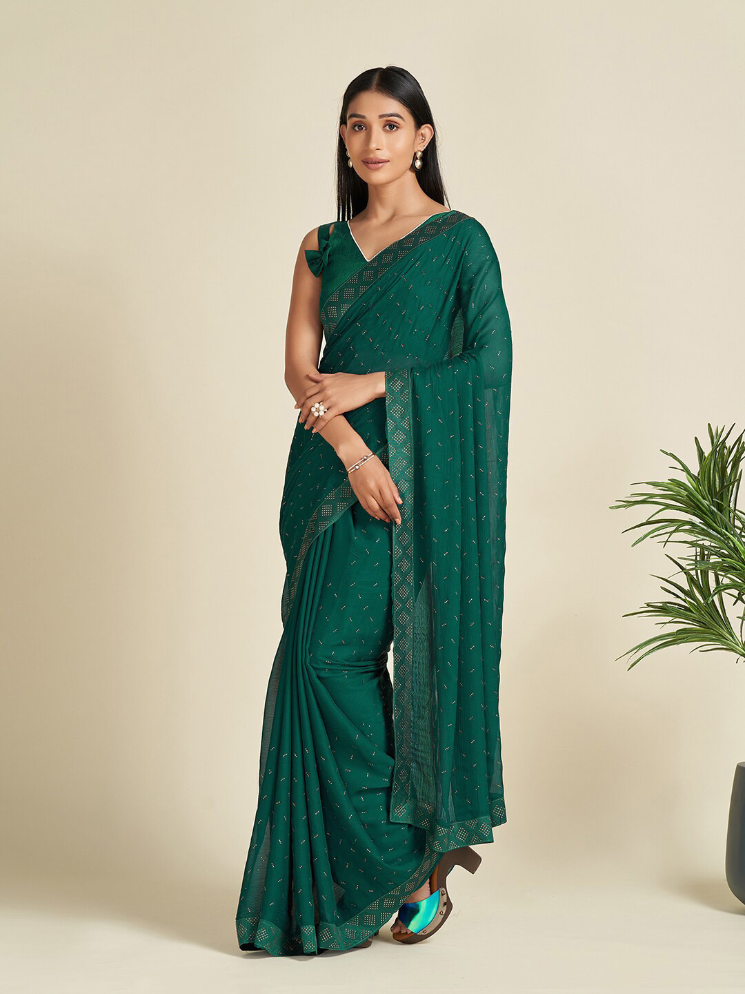 Mitera Green & Silver-Toned Embellished Satin Saree