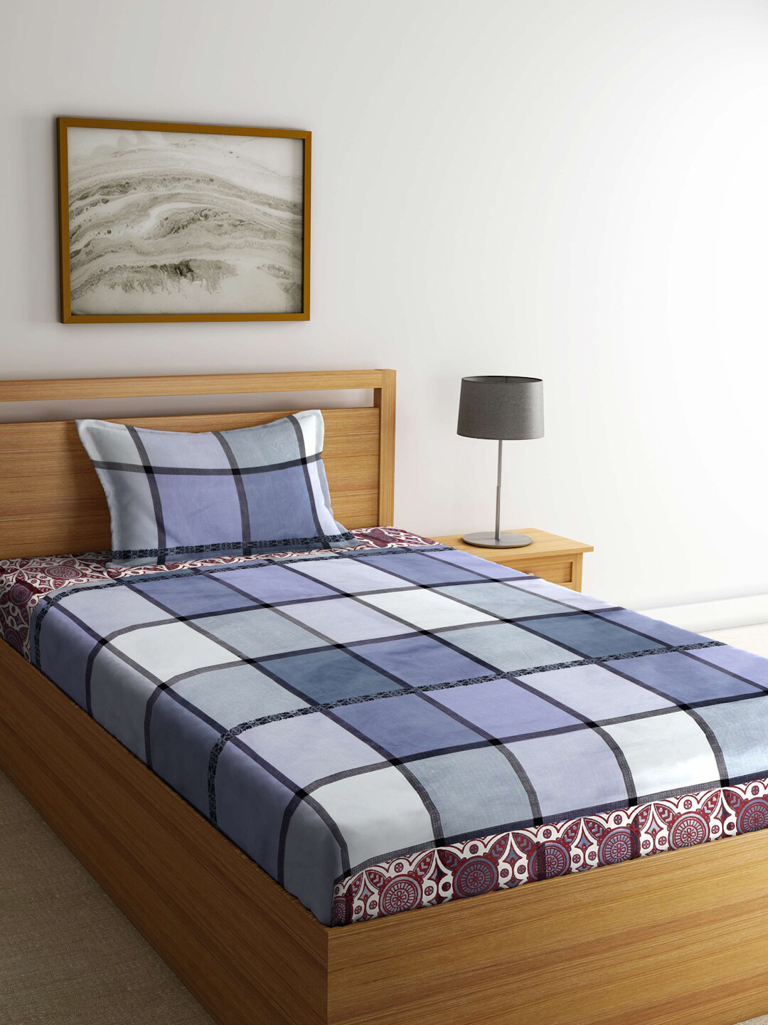 FABINALIV Vibrant Blue Geometric Cotton 300 TC Single Fine Bedsheet with a Pillow Cover-225 x 150 cm
