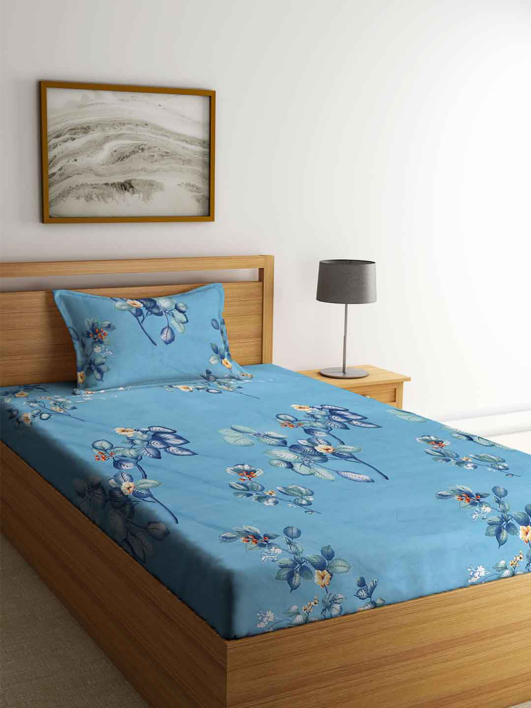 FABINALIV Blue Floral Polycotton 300 TC Single Fine Bedsheet with a Pillow Cover-72 x 36 inches