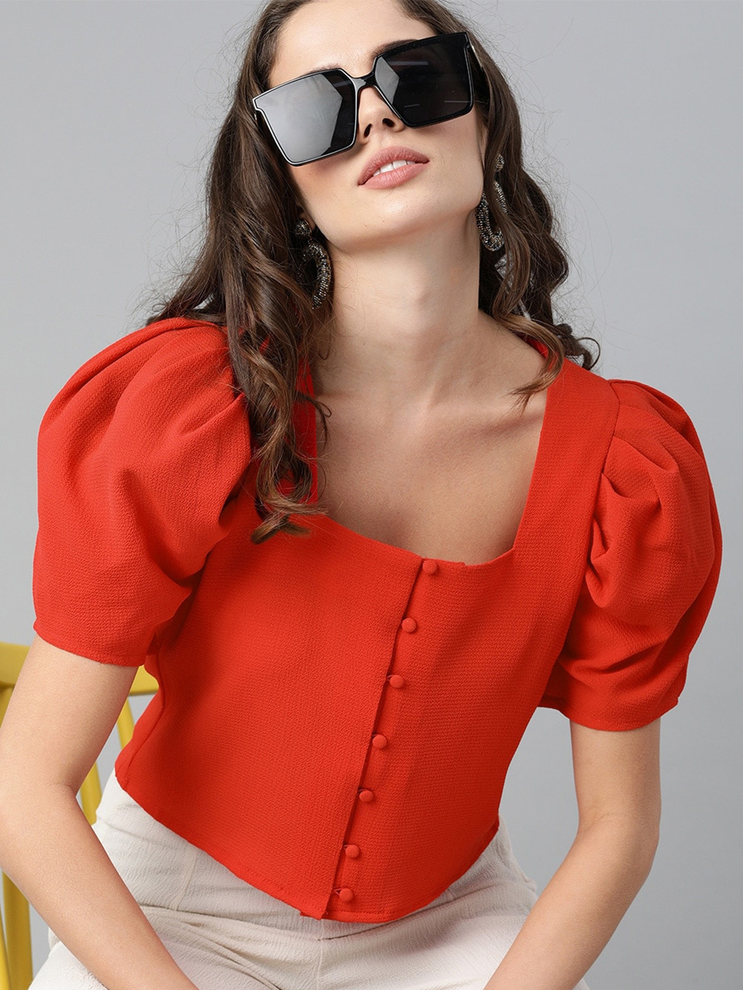 KASSUALLY Red Square Neck Puff Sleeve Top