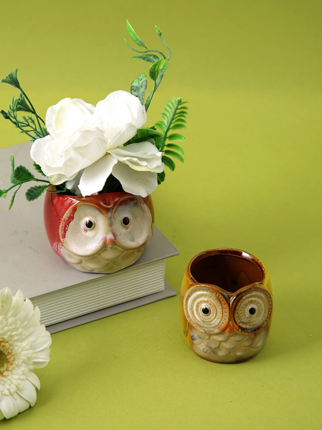 TAYHAA Red & Brown 2 Pieces Owl Shaped Ceramic Planters