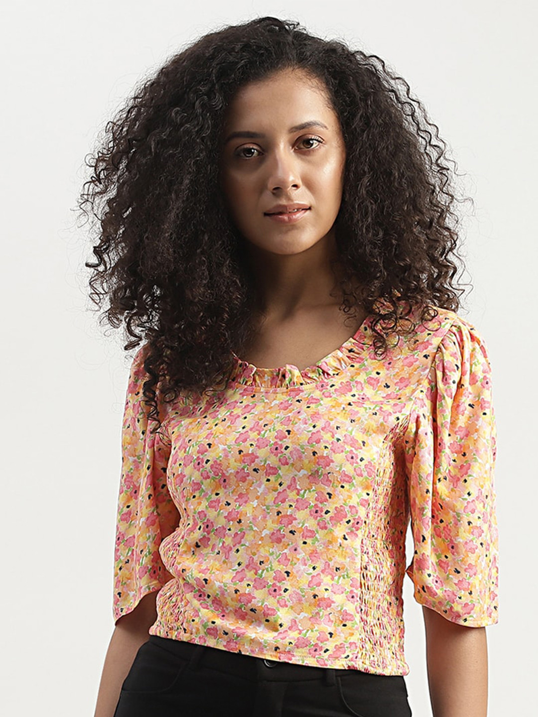 United Colors of Benetton Puff Sleeves Smocked Floral Print Top