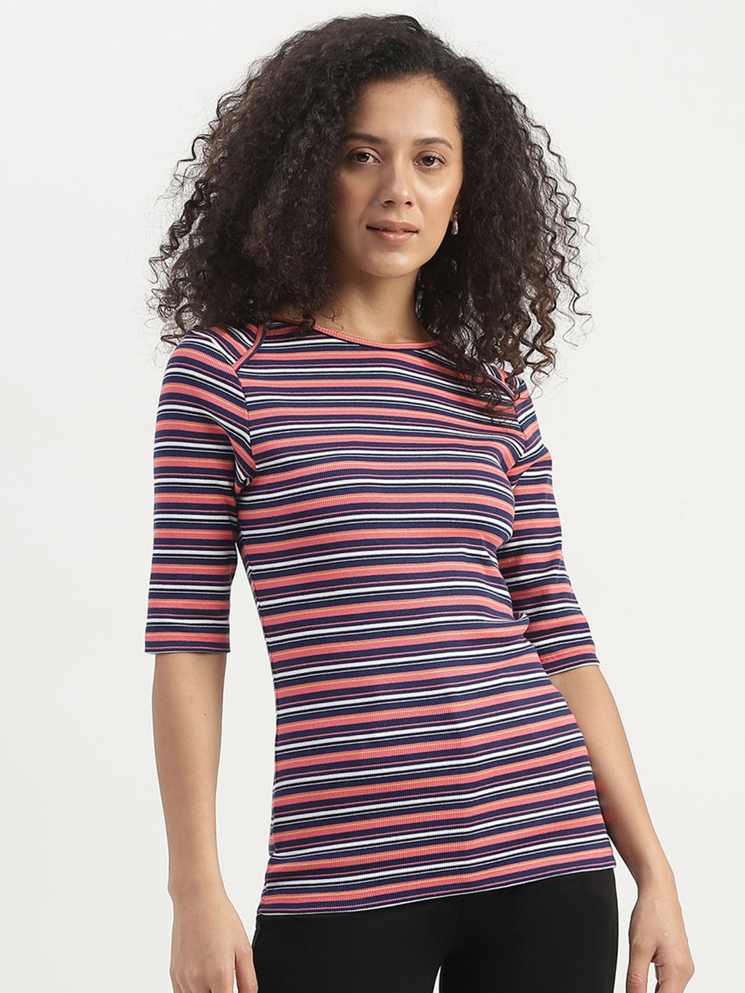 United Colors of Benetton Boat Neck Slim Fit Striped Cotton Top
