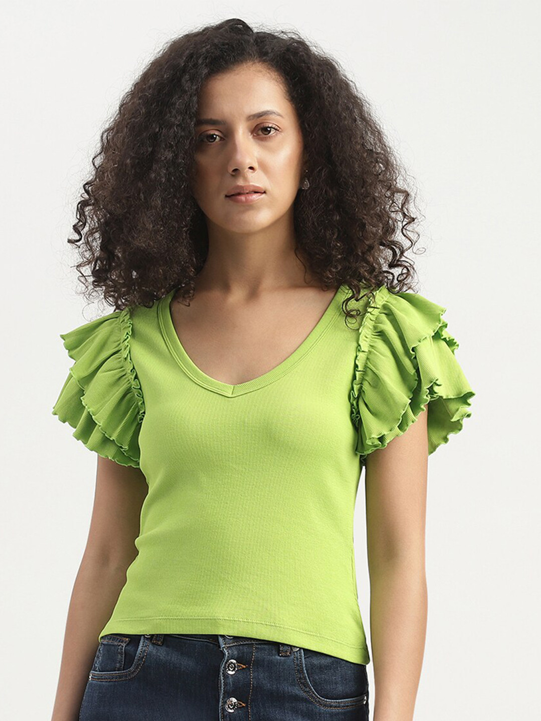 United Colors of Benetton Slim Fit V-Neck Flutter Sleeves Top