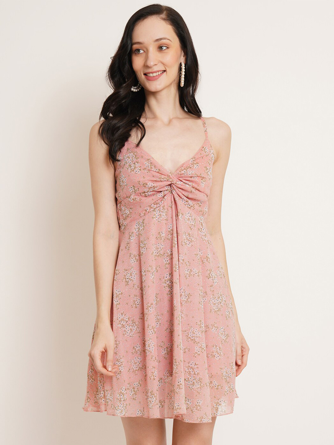 U&F Pink Floral Printed Gathered Georgette Empire Dress