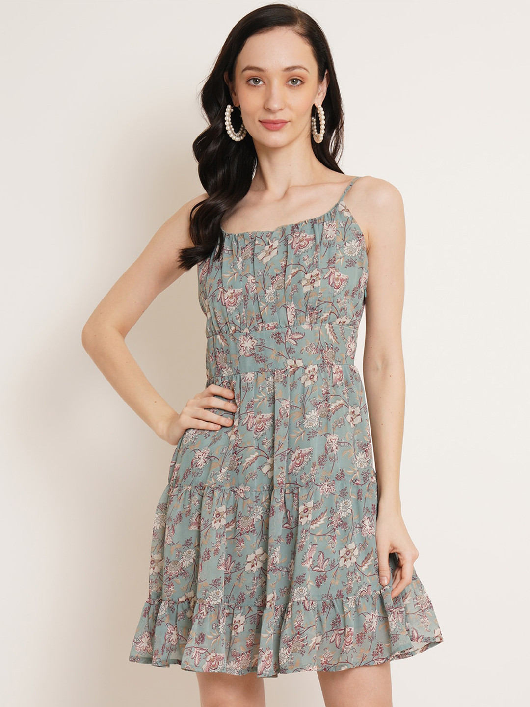 U&F Green Floral Printed Shoulder Strap Georgette Fit & Flare Dress