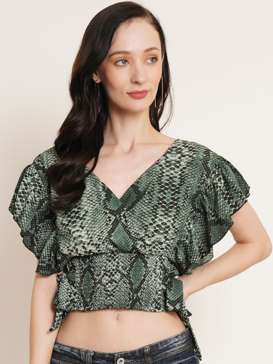U&F Green & White Animal Printed Flutter Sleeve Smocked Waist Tie-Up Wrap Crop Top