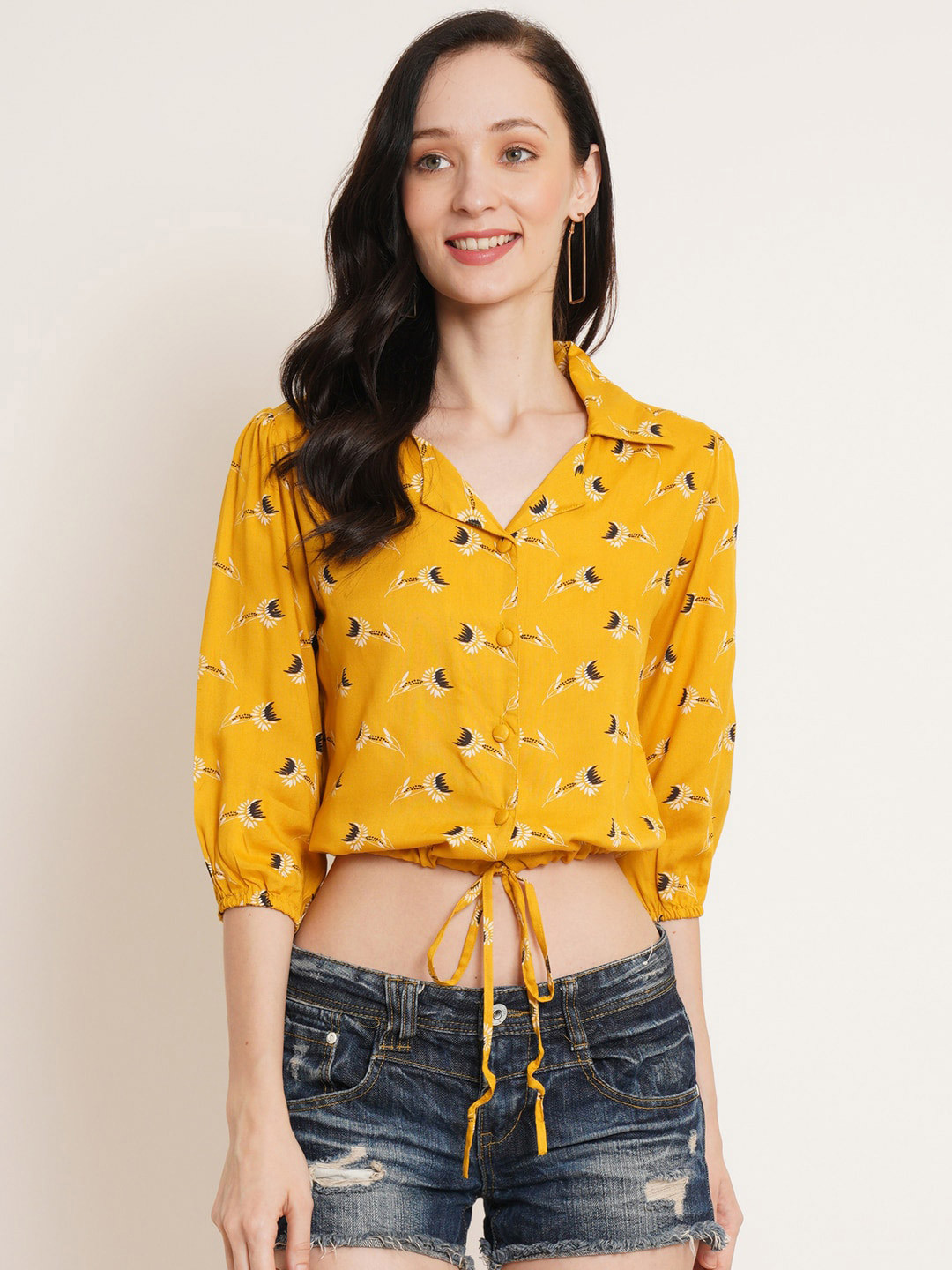 U&F Mustard Yellow & Black Floral Printed Puff Sleeve Tie-Up Detail Shirt Style Crop Top