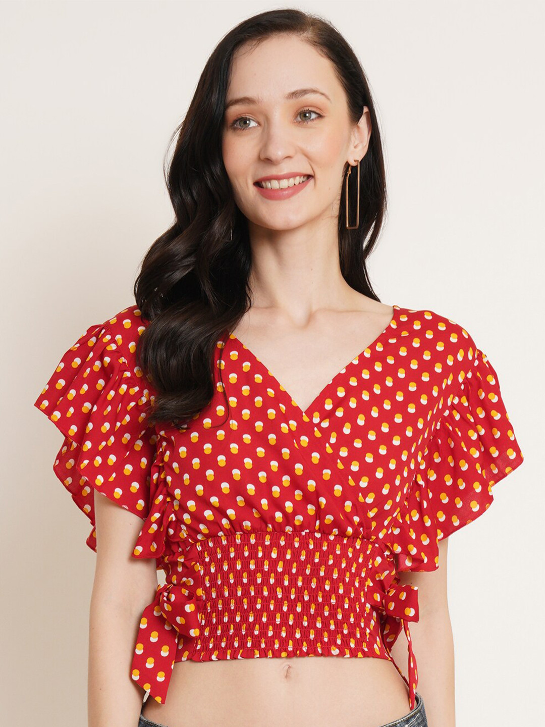 U&F Red & White Geometric Printed Flutter Sleeve Smocked Waist Tie-Up Wrap Crop Top