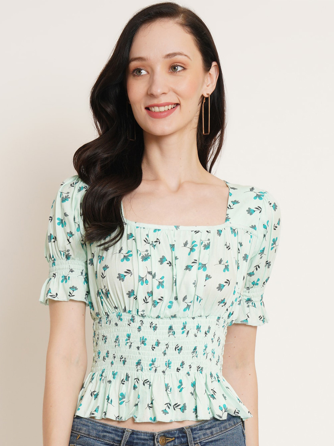 U&F Sea Green & Turquoise Blue Floral Print Smocked Puff Sleeves Top