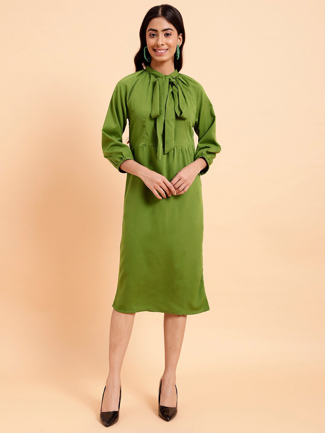 MINT STREET Tie-Up Neck Crepe Sheath Dress