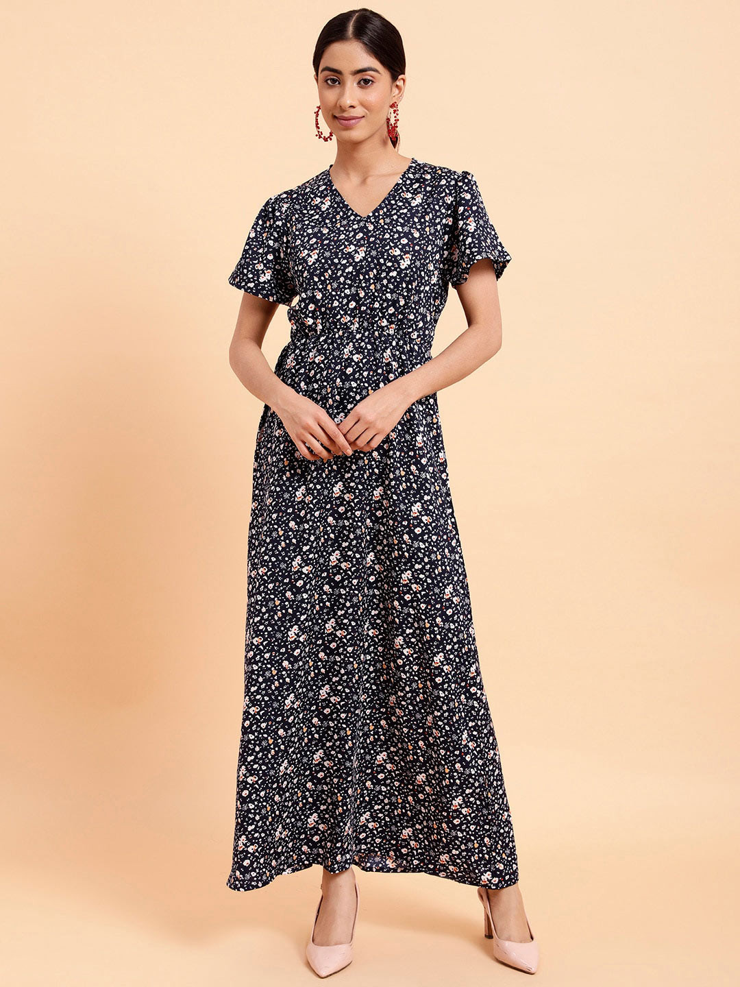 MINT STREET V-Neck Floral Print Crepe Maxi Dress