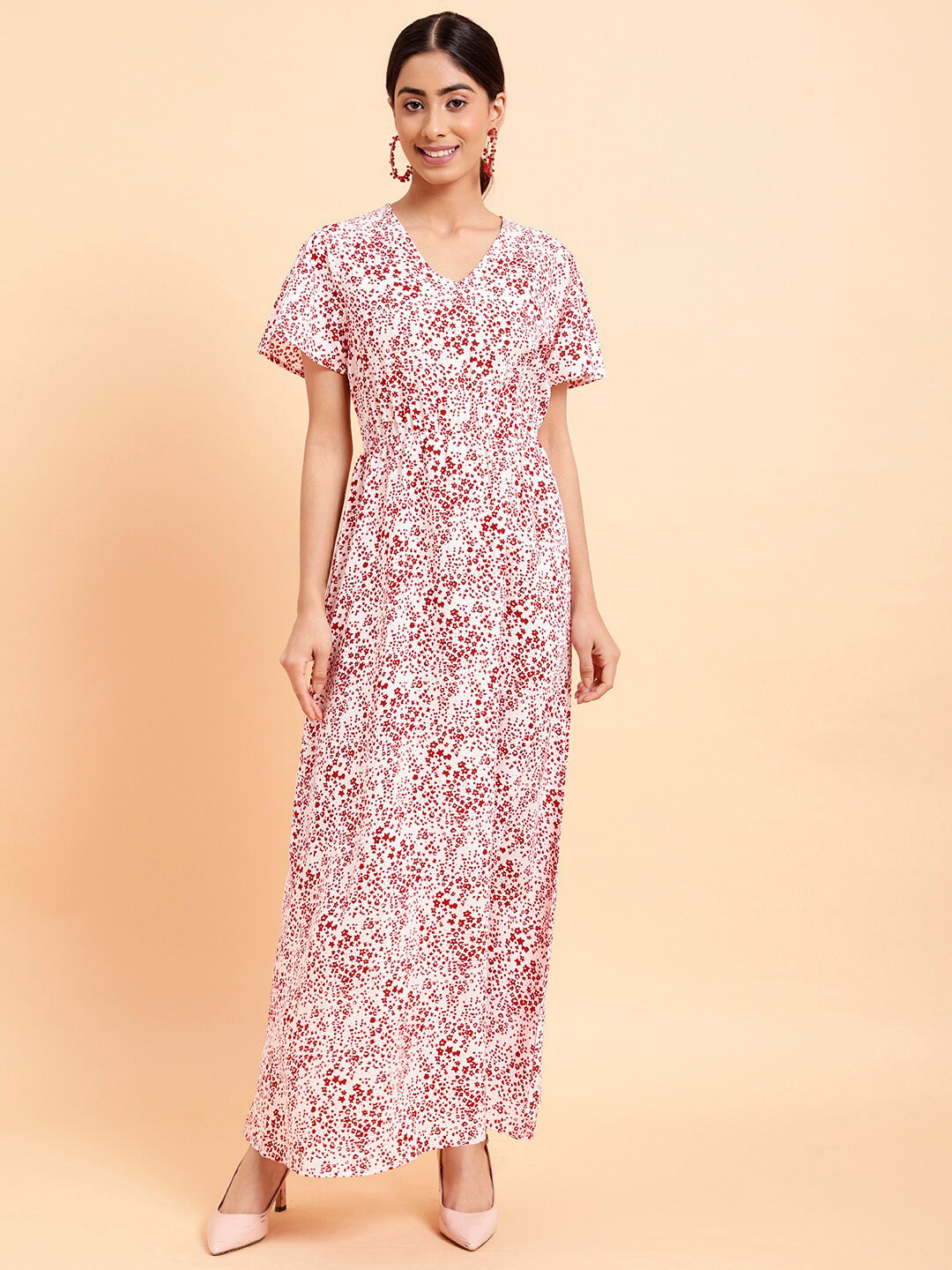 MINT STREET V-Neck Floral Print Crepe Kaftan Dress