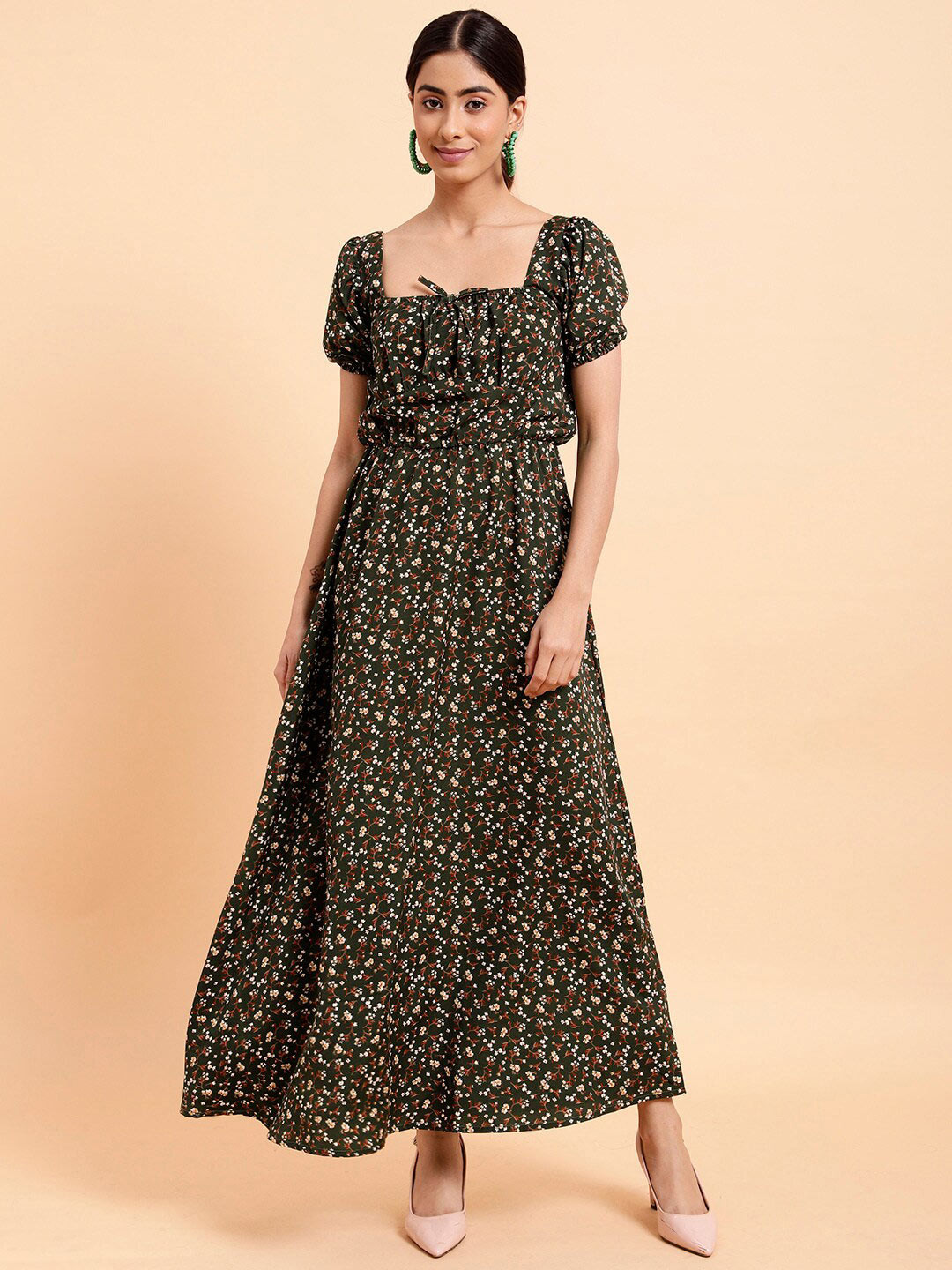 MINT STREET Square Neck Floral Print Puff Sleeve Crepe Maxi Dress