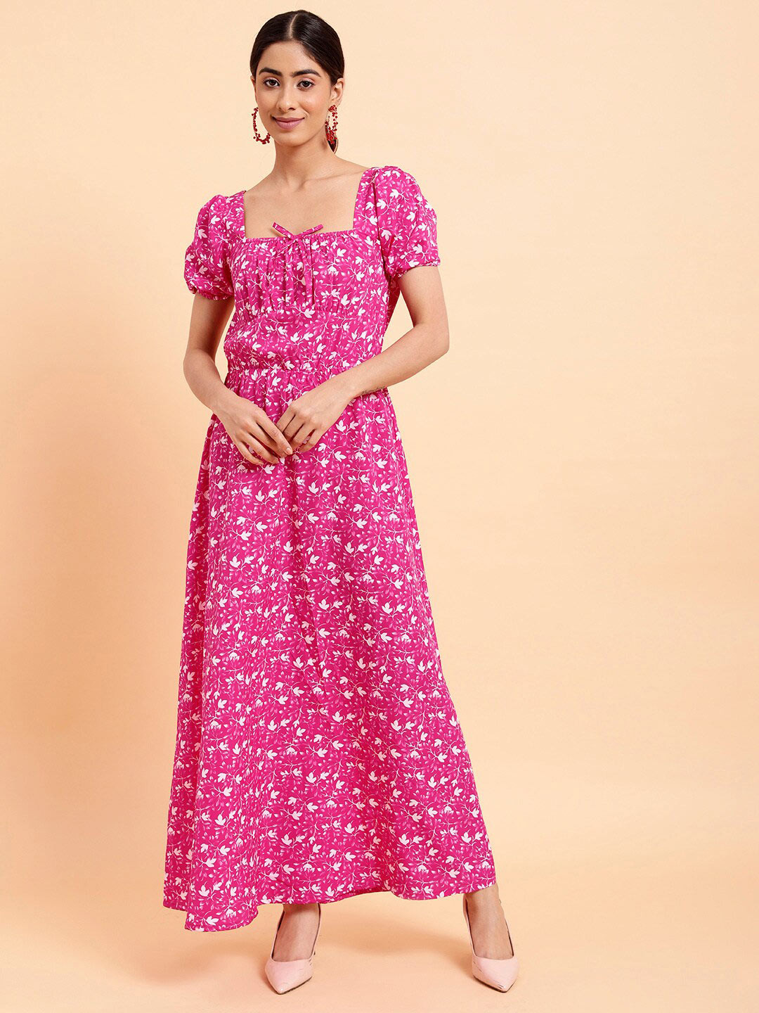 MINT STREET Square Neck Floral Print Puff Sleeve Crepe Maxi Dress