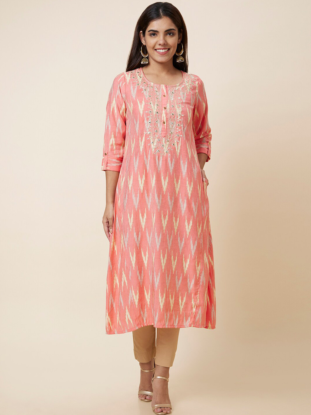 Globus Peach-Color & Beige Abstract Printed Mirror Work A-Line Kurta