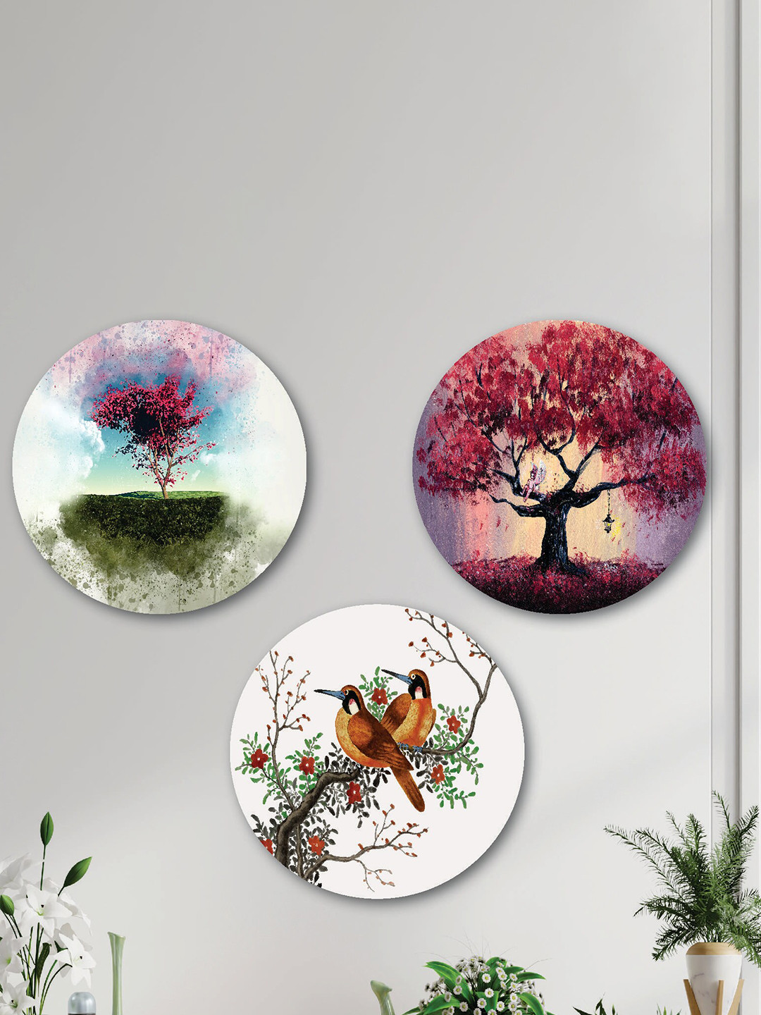 SAF Birds & Colorful Tree MDF 3 Piece Wall Round Paintings Wall Art - 12 x 12In