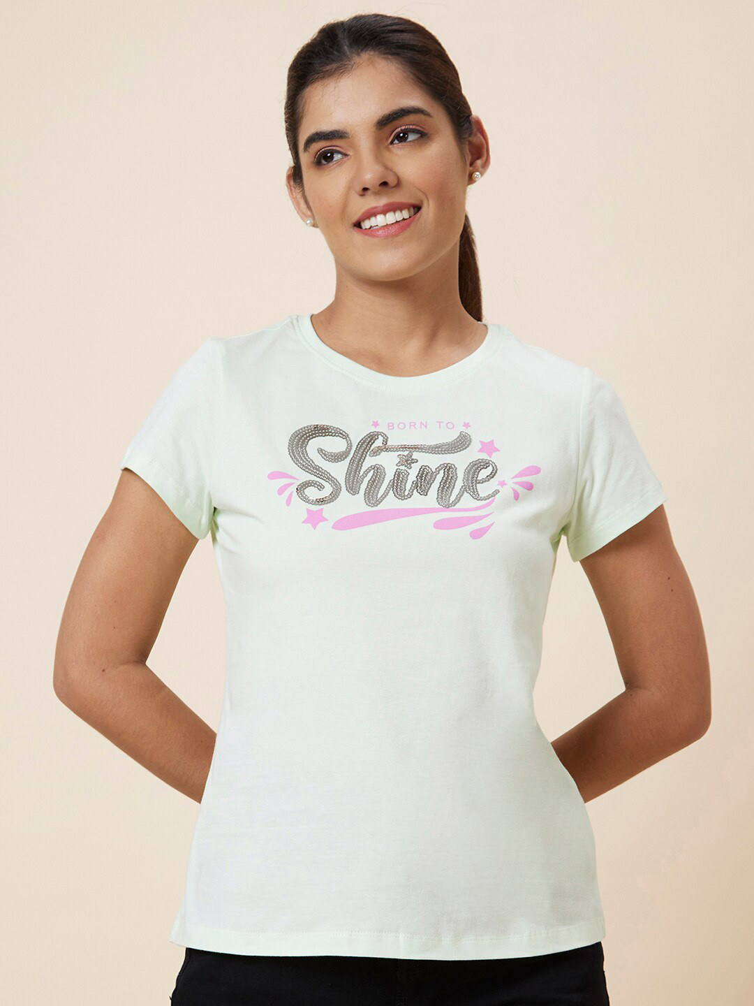 Globus Women Green Typography Printed Pure Cotton Regular Fit T-shirt