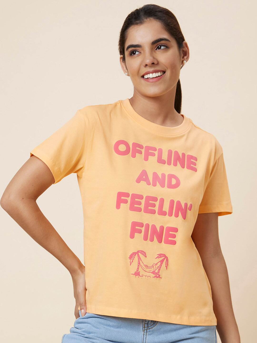 Globus Orange Typography Printed Pure Cotton T-shirt