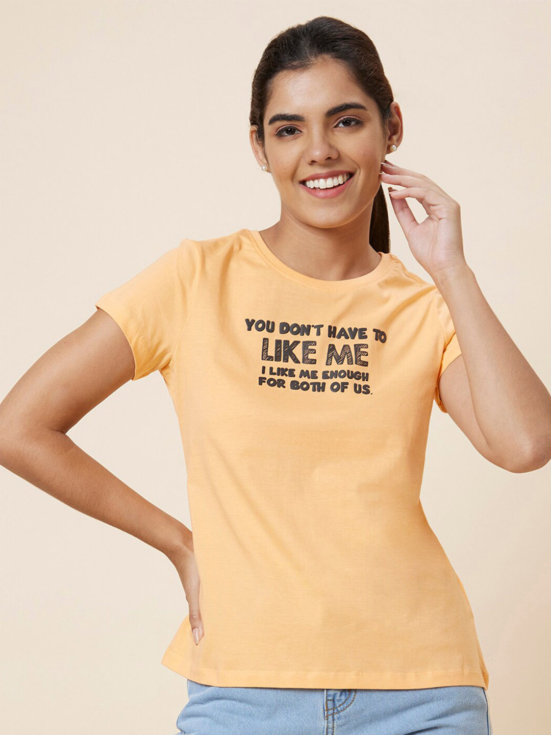 Globus Peach Typography Printed Pure Cotton T-shirt