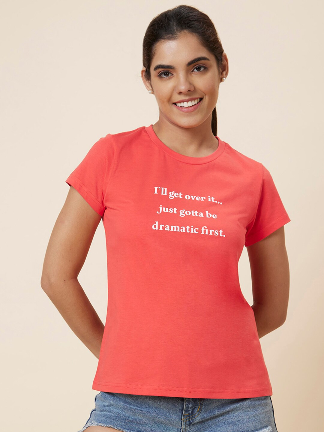 Globus Orange Typography Printed Pure Cotton T-shirt