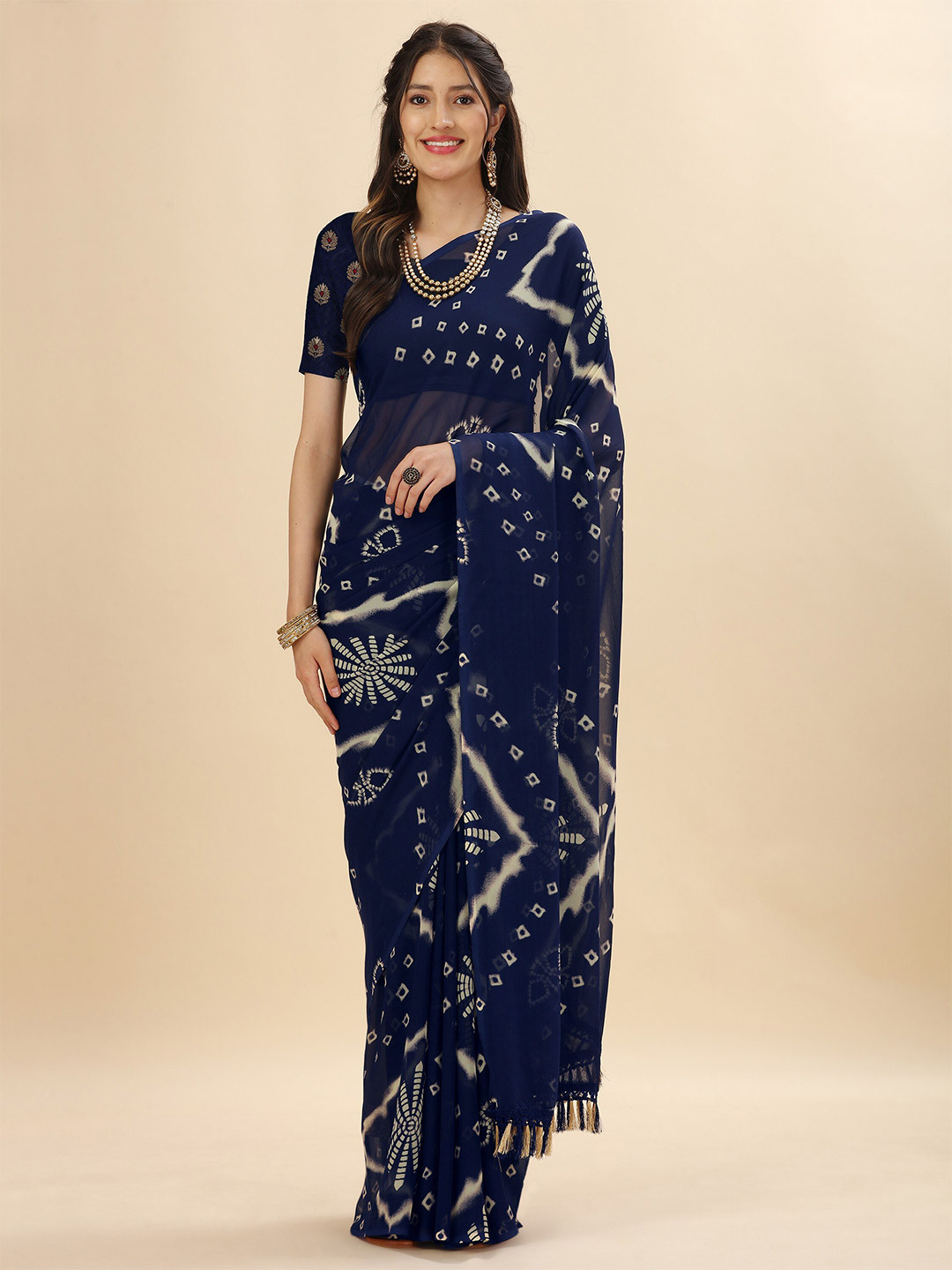 Mitera Navy Blue Bandhani Printed Jaali Pure Georgette Chanderi Saree