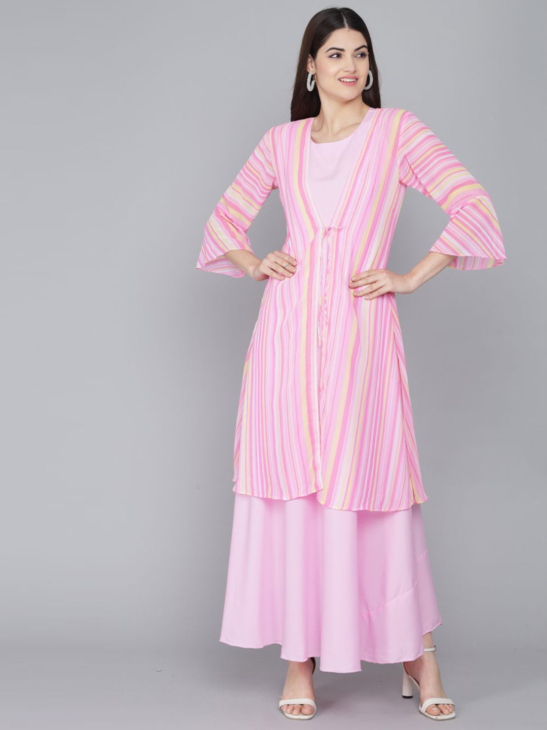 Rudraaksha Creations Striped Crepe Maxi Dress With Shrug