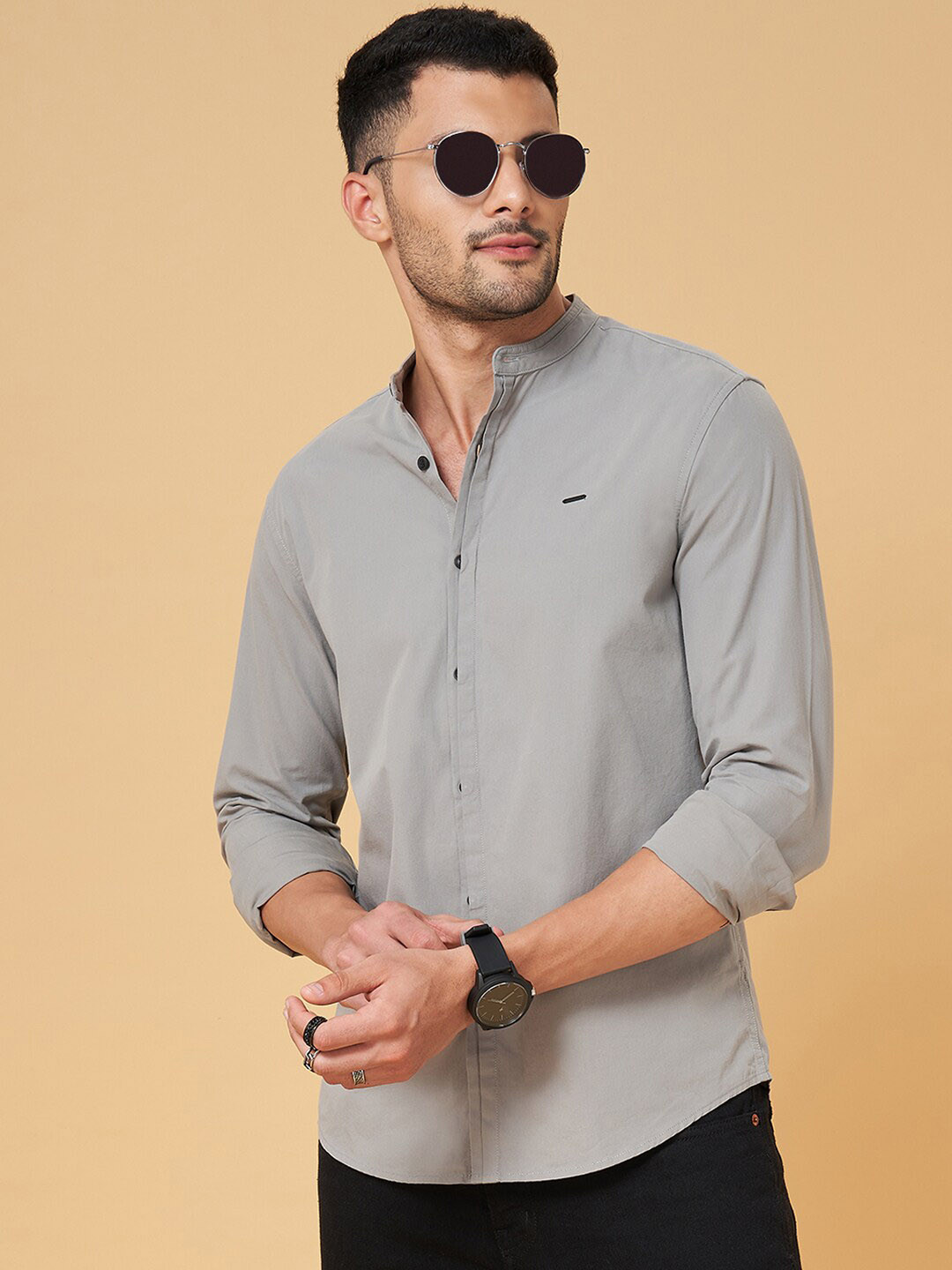 People Grey Slim Fit Band Collar Casual Cotton Shirt