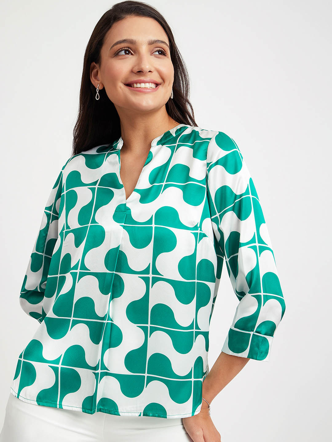FableStreet Geometric Printed Mandarin Collar Satin Regular Green Top