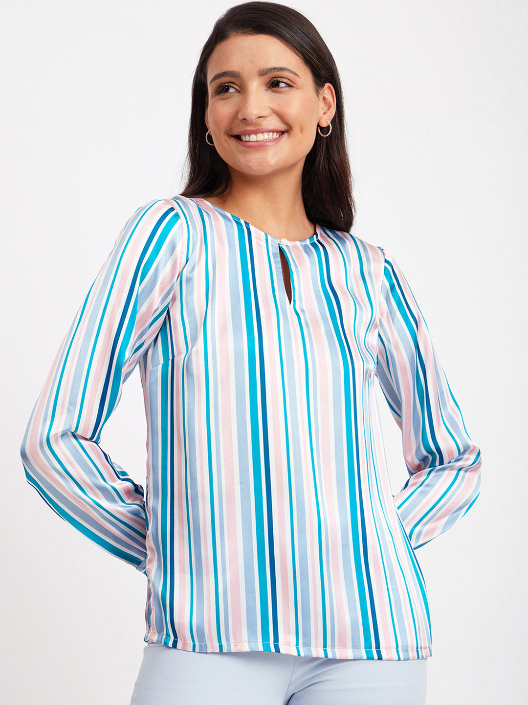FableStreet Striped Keyhole Neck Satin White Top