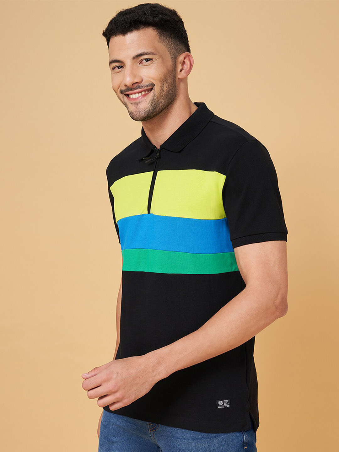 People Black Colourblocked High Neck Cotton Slim Fit Casual T-shirt