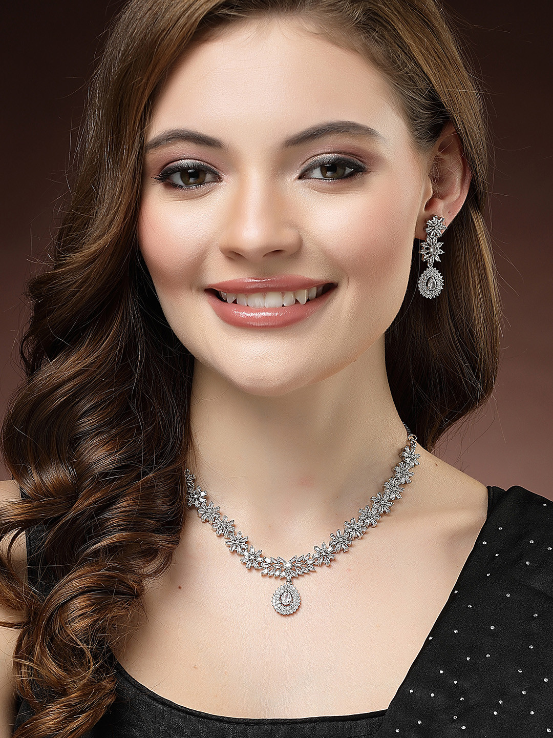 Aazeen Rhodium-Plated Silver Toned Floral Design AD Studded Jewellery Set