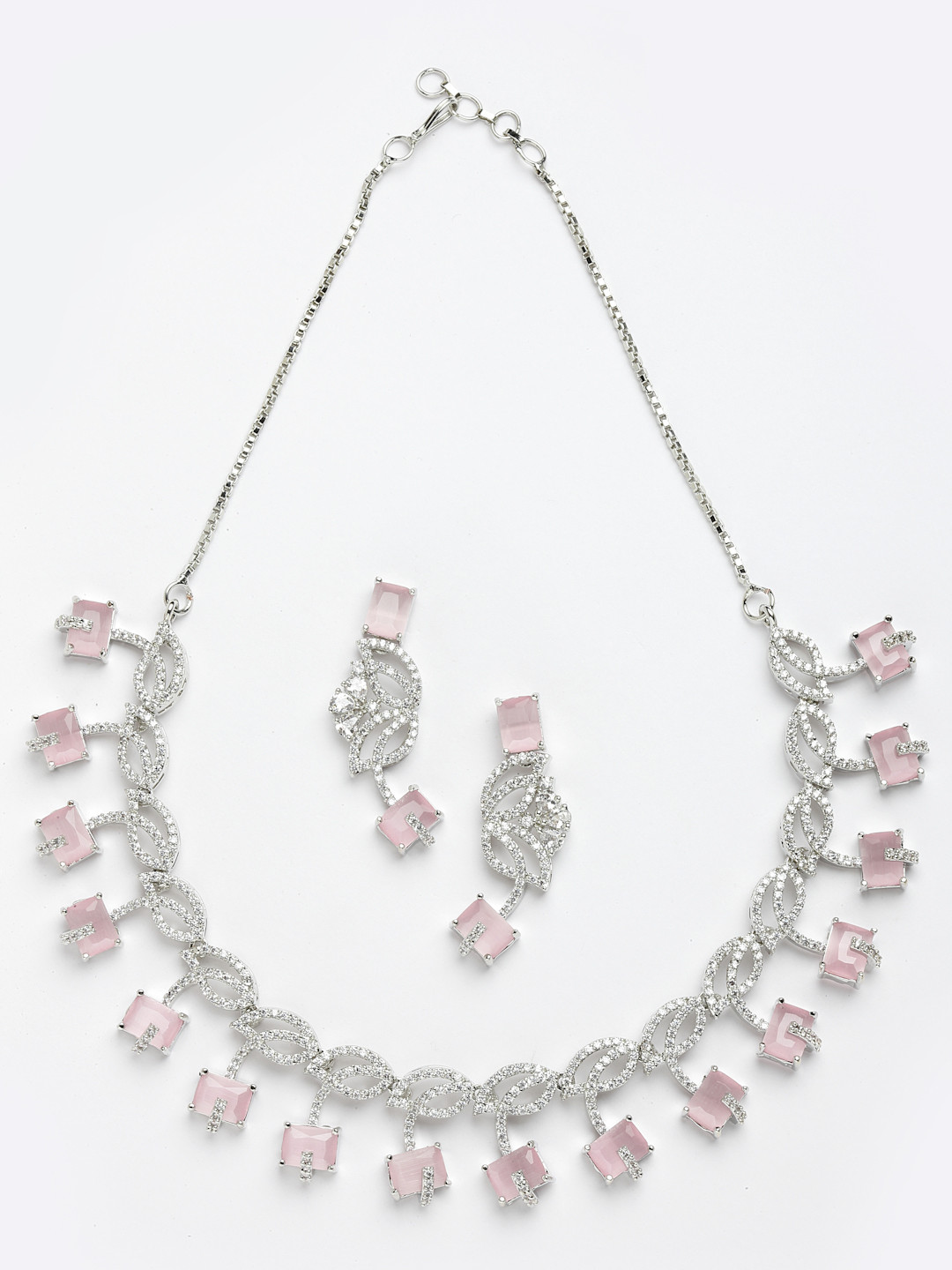 Aazeen Rhodium-Plated Leaf Design American Diamond Studded Jewellery Set