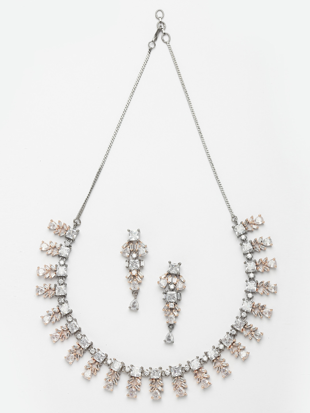 Aazeen Rose Gold-Plated Leaf Design American Diamond Studded Jewellery Set
