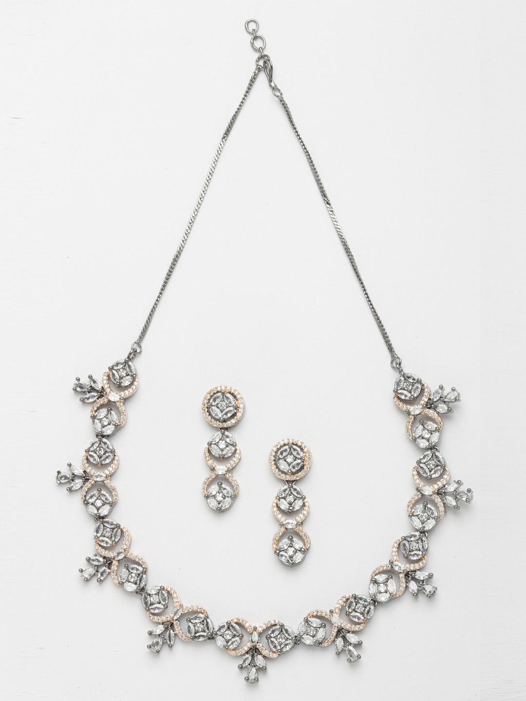 Aazeen Rose Gold-Plated Circular and Leaf American Diamond Studded Jewellery Set