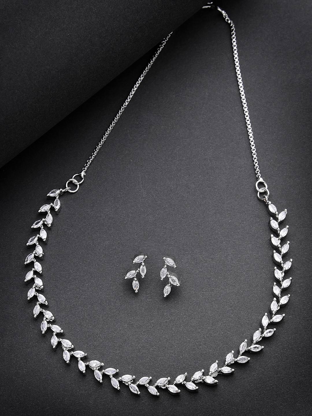 Aazeen Rhodium-Plated Leaf Design AD Studded Jewellery Set