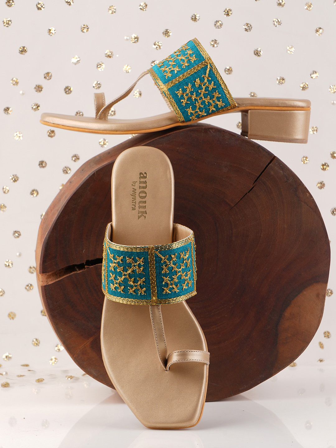 Anouk Blue And Gold-Toned Embroidered One Toe Block Heels