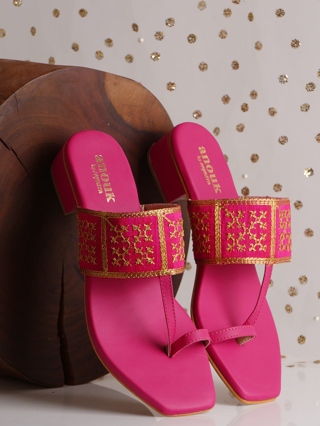 Anouk Fuchsia And Gold-Toned Embroidered One Toe Block Heels