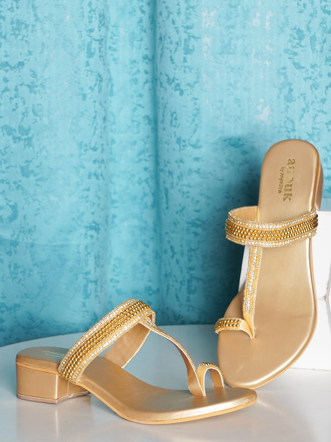 Anouk Gold-Toned Embellished One Toe Block Heels