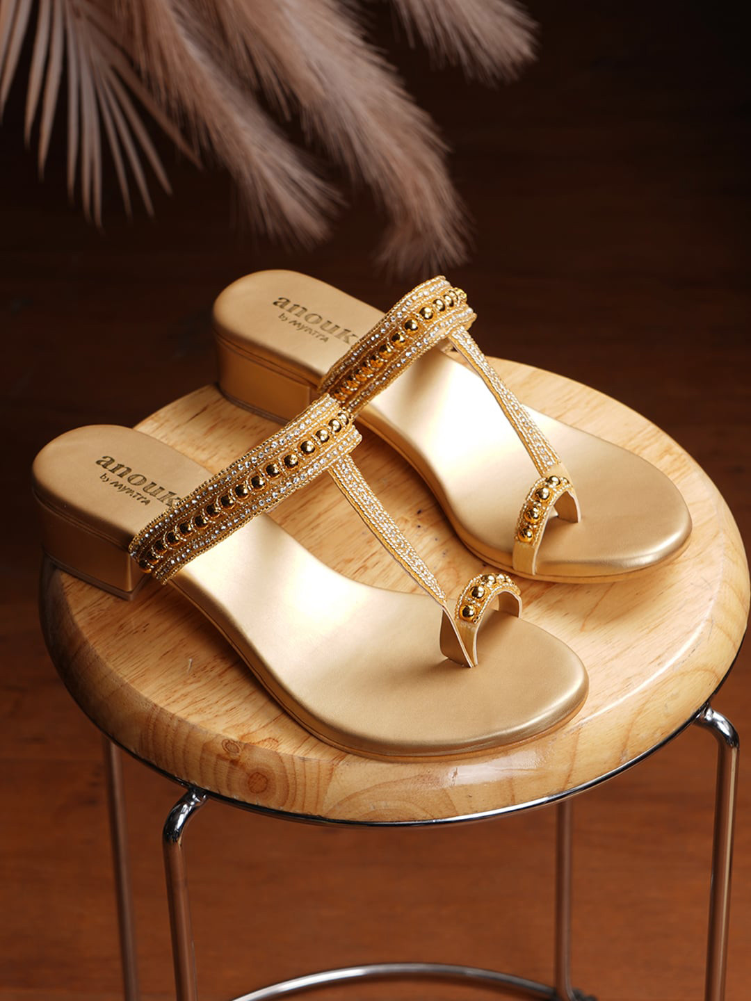 Anouk Gold-Toned Embellished One Toe Block Heels