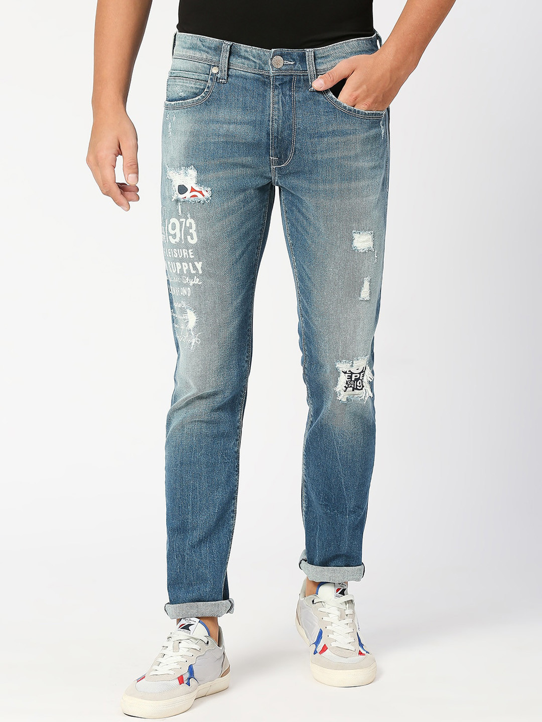 Pepe Jeans Men Tapered Fit Low-Rise Mildly Distressed Light Fade Printed Stretchable Jeans