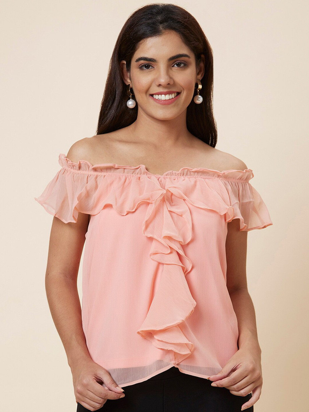 Globus Peach-Coloured Ruffles Chiffon Top