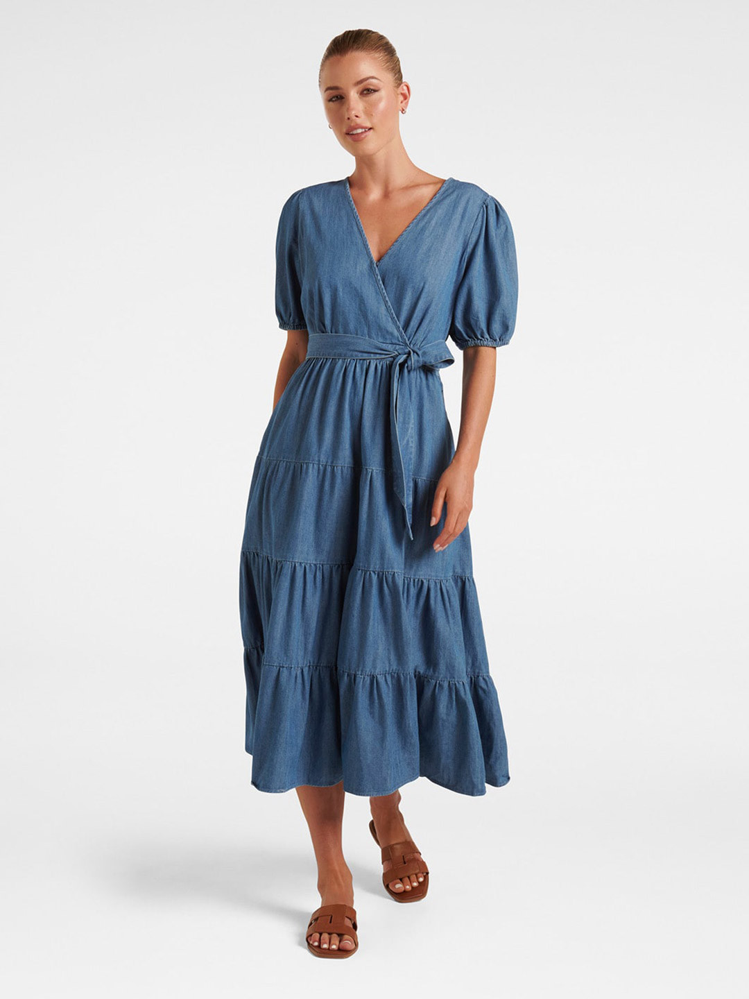 Forever New Navy Blue Puff Sleeve Fit & Flare Midi Dress