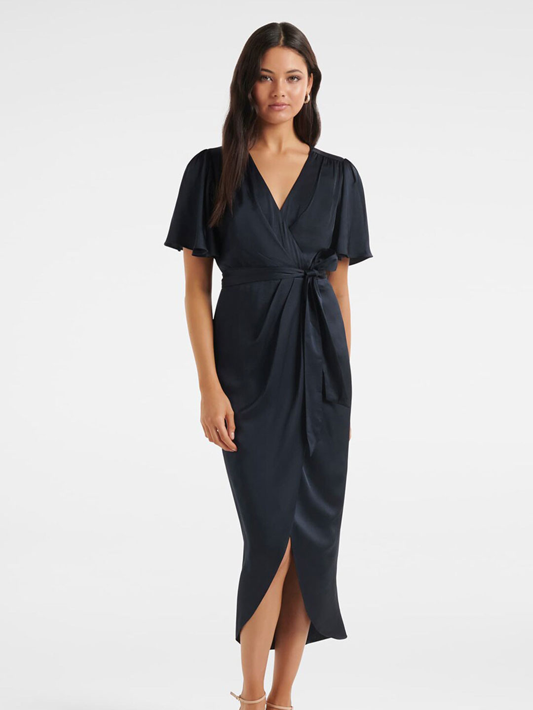 Forever New V-Neck Flared Sleeve Satin Midi Dress