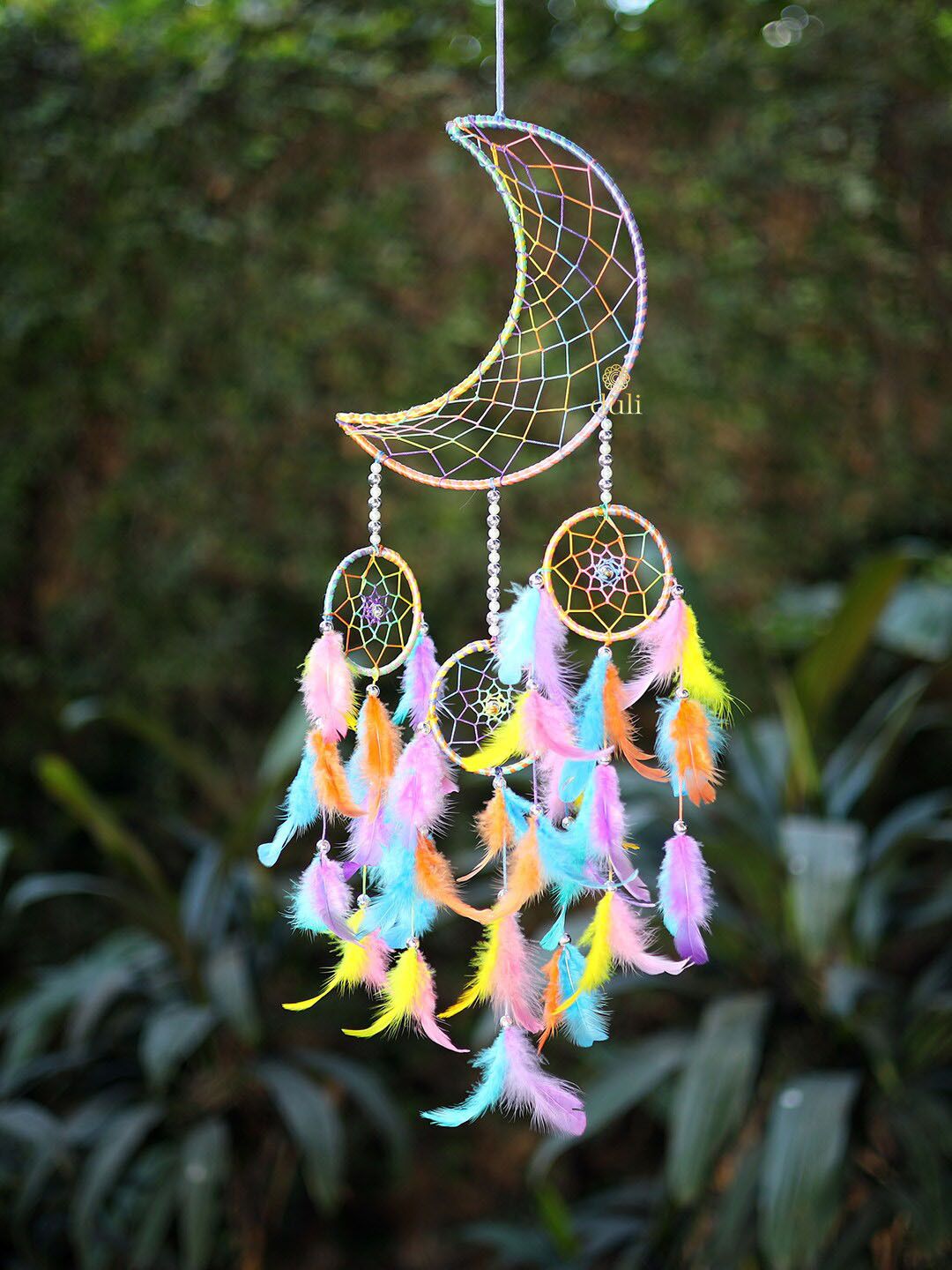 DULI Pink & Blue Moon Shaped Hanging Dream Catcher