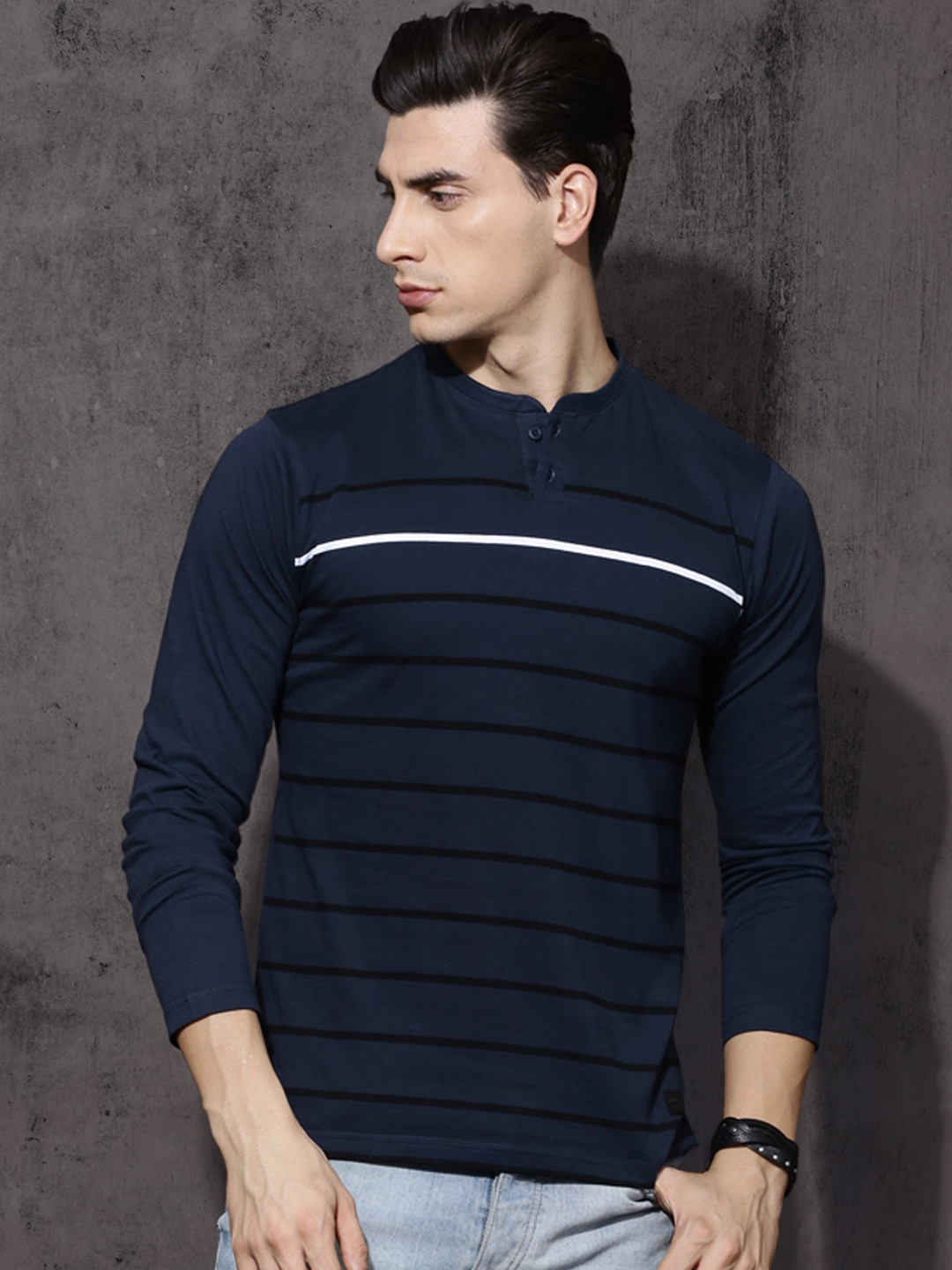 Roadster Men Navy Striped Henley Neck T-shirt