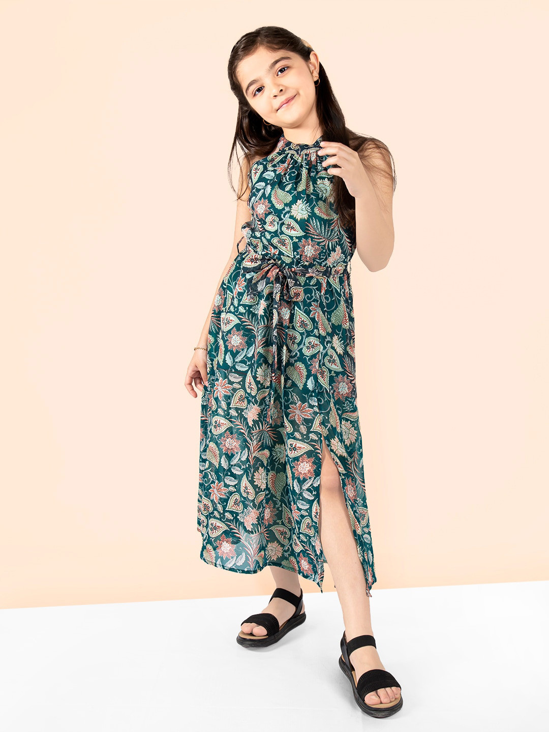 Naughty Ninos Girls Floral Printed Tie-Up A-Line Midi Dress