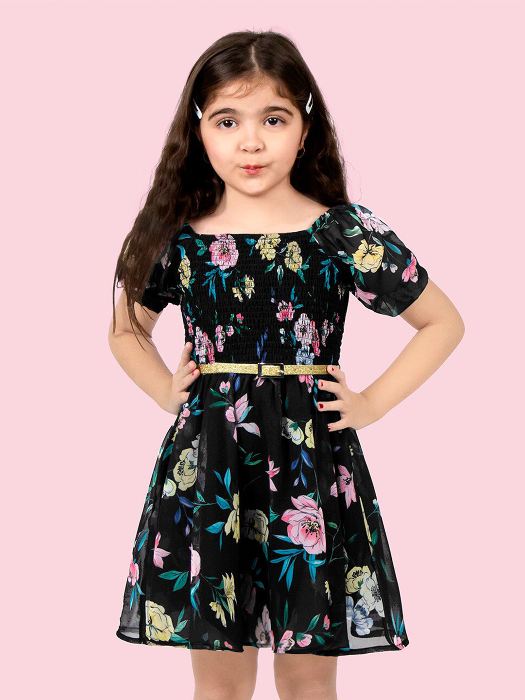 Naughty Ninos Girls Floral Printed Fit & Flare Dress With Belt