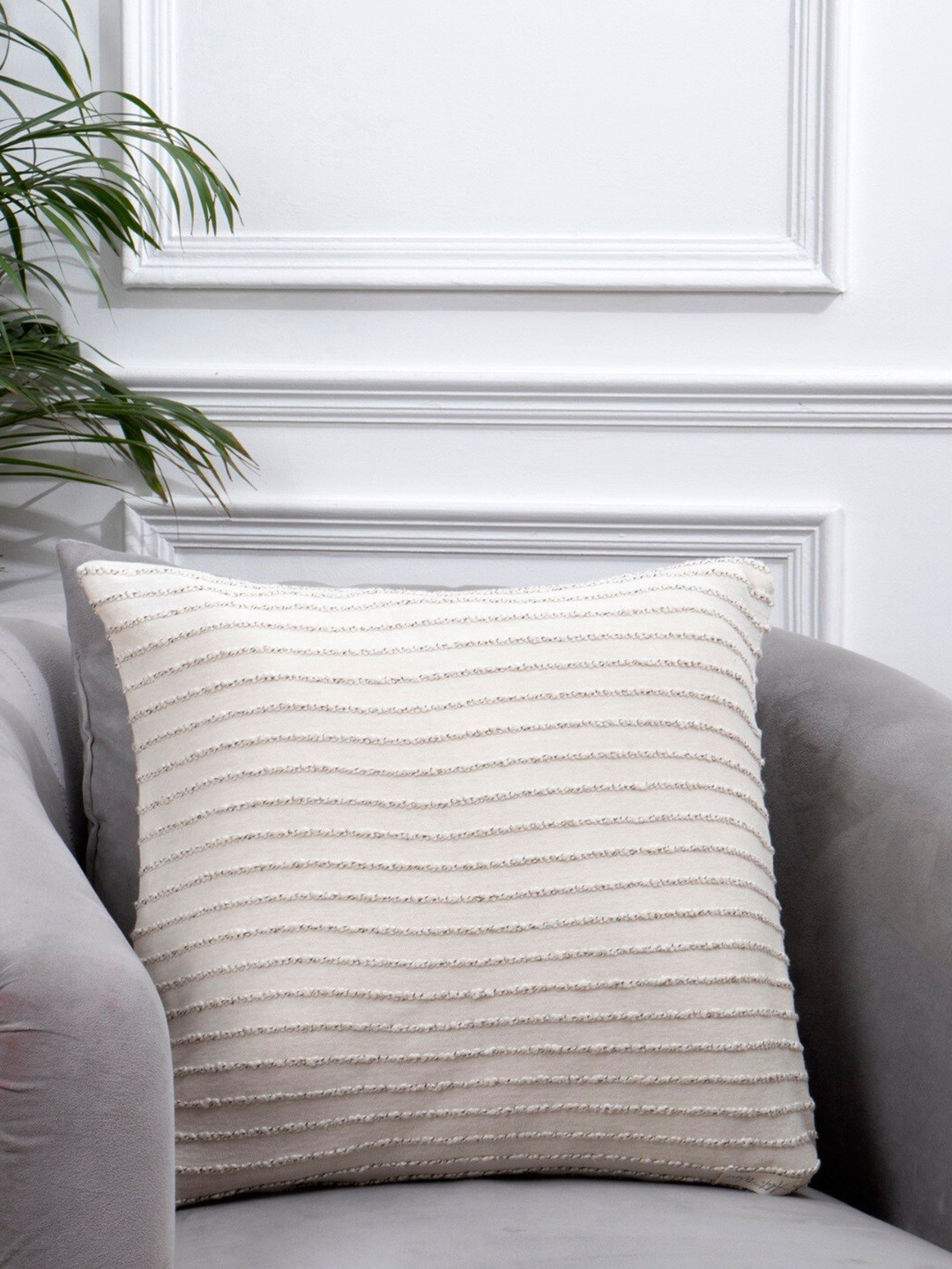 Aditi Wasan White Striped Cotton Breathable Square Cushion Cover - 16 x 16 Inches