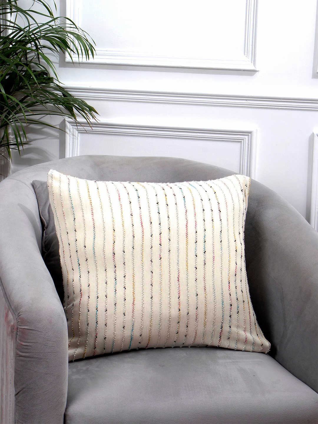Aditi Wasan Knit White Embroidered Cotton Breathable Square Cushion Cover - 18 x 18 Inches